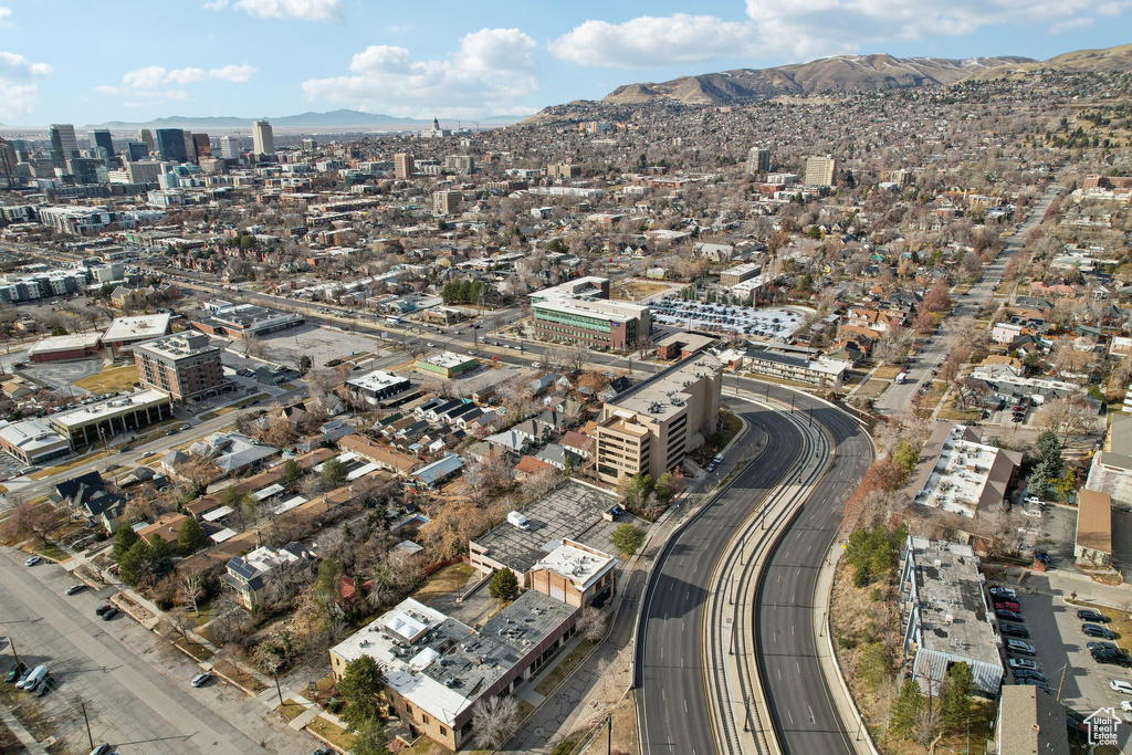 Aerial view with a view of city and a mountain view