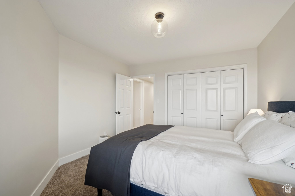 Carpeted bedroom featuring a closet and baseboards