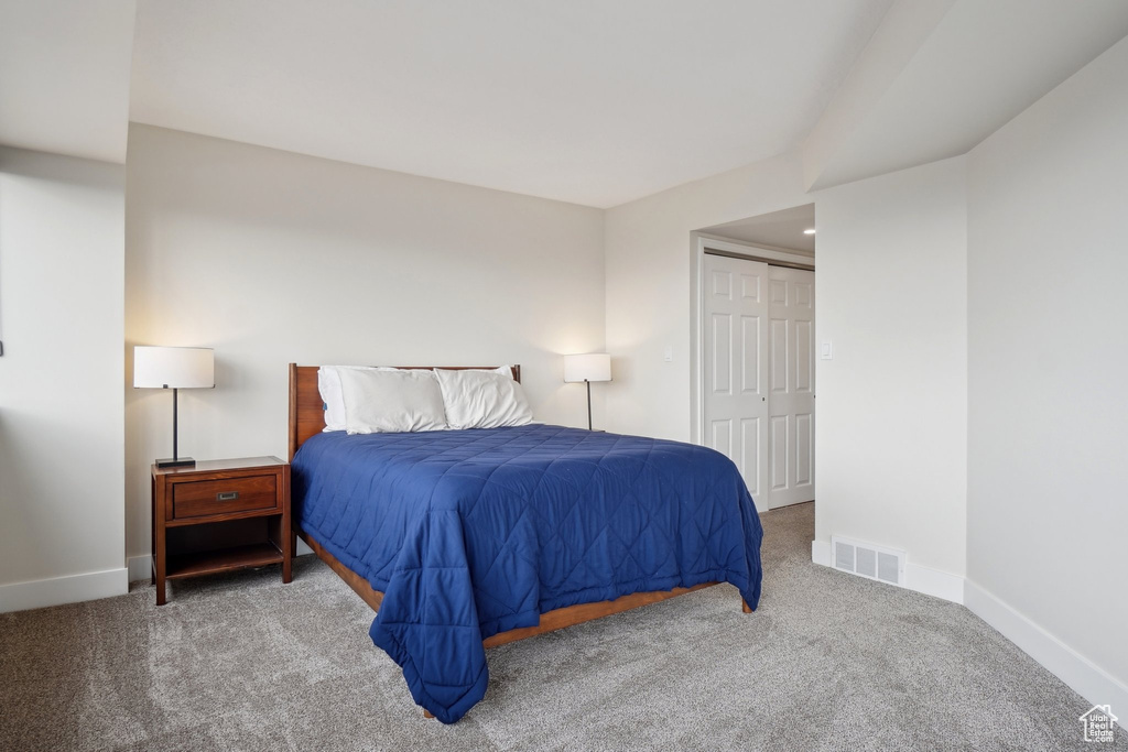 Carpeted bedroom with a closet, visible vents, and baseboards