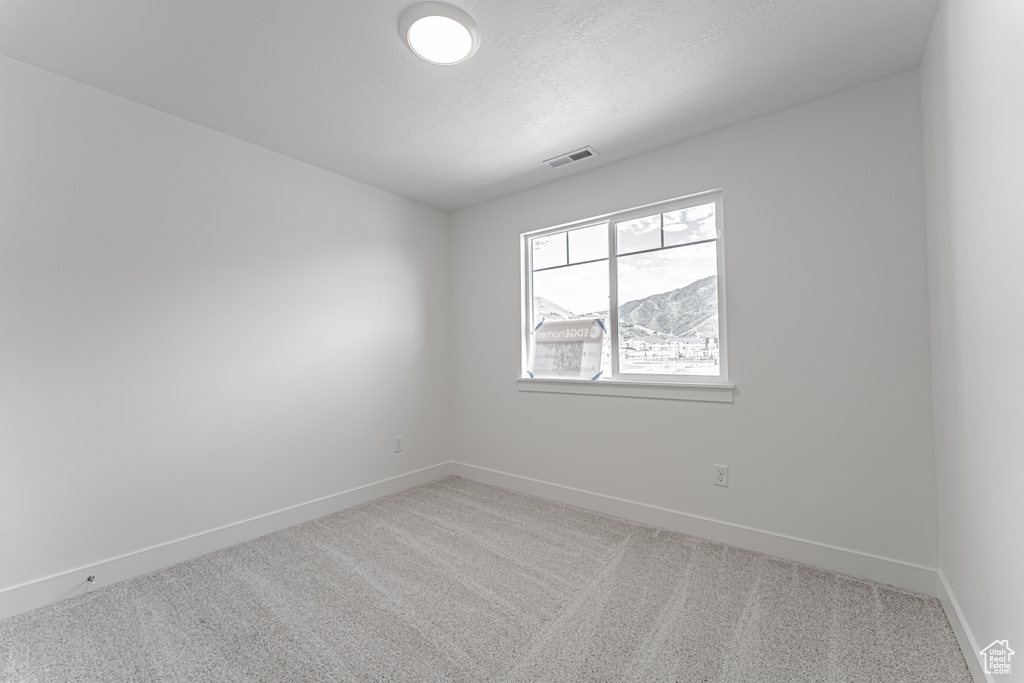 Unfurnished room featuring light colored carpet, baseboards, and a textured ceiling
