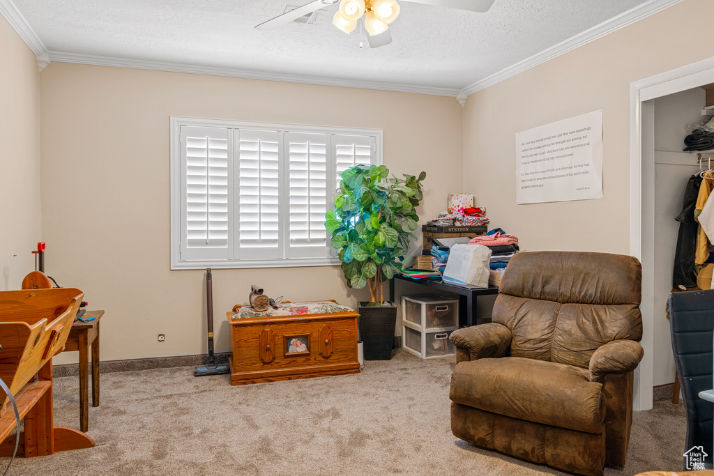 Sitting room featuring ceiling fan, crown molding, and light carpet