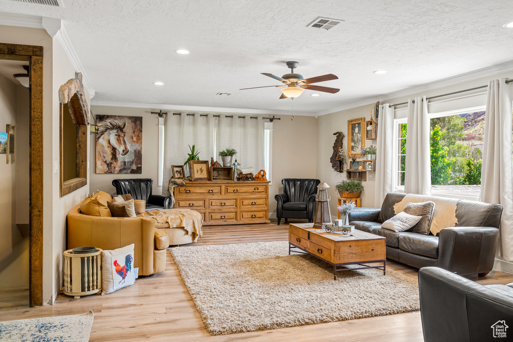 Living room featuring light wood-type flooring, crown molding, and a textured ceiling