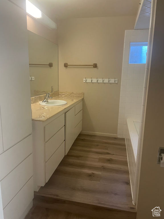 Bathroom with hardwood / wood-style floors and vanity