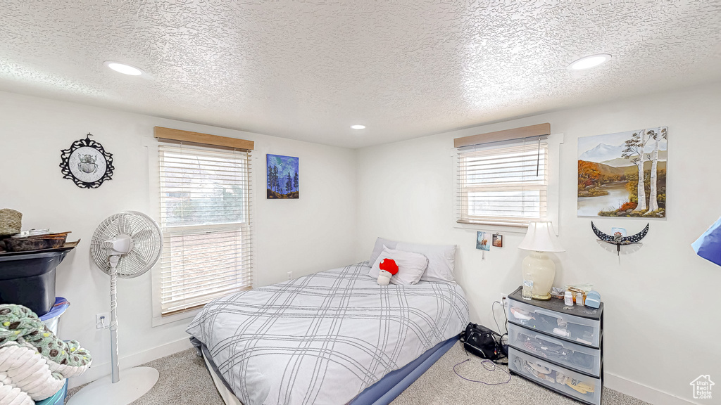 Carpeted bedroom featuring a textured ceiling