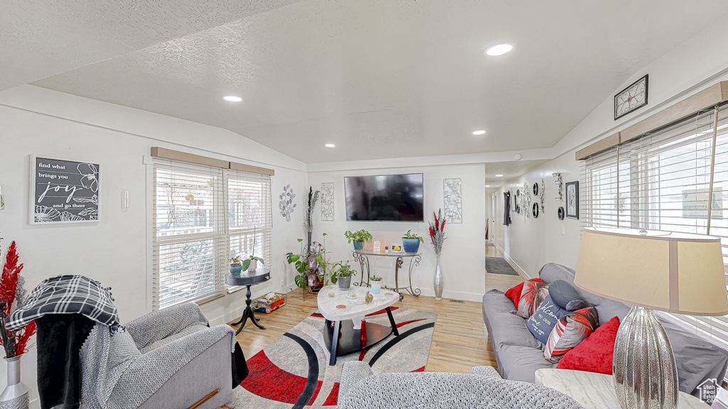 Living room featuring lofted ceiling, a wealth of natural light, a textured ceiling, and light hardwood / wood-style floors