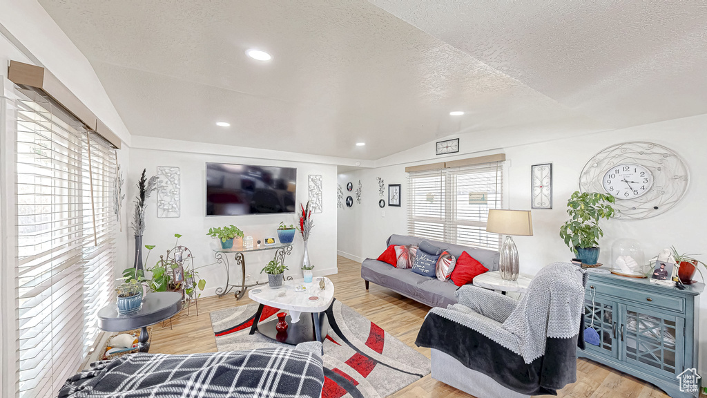 Living room with lofted ceiling, hardwood / wood-style floors, and a textured ceiling