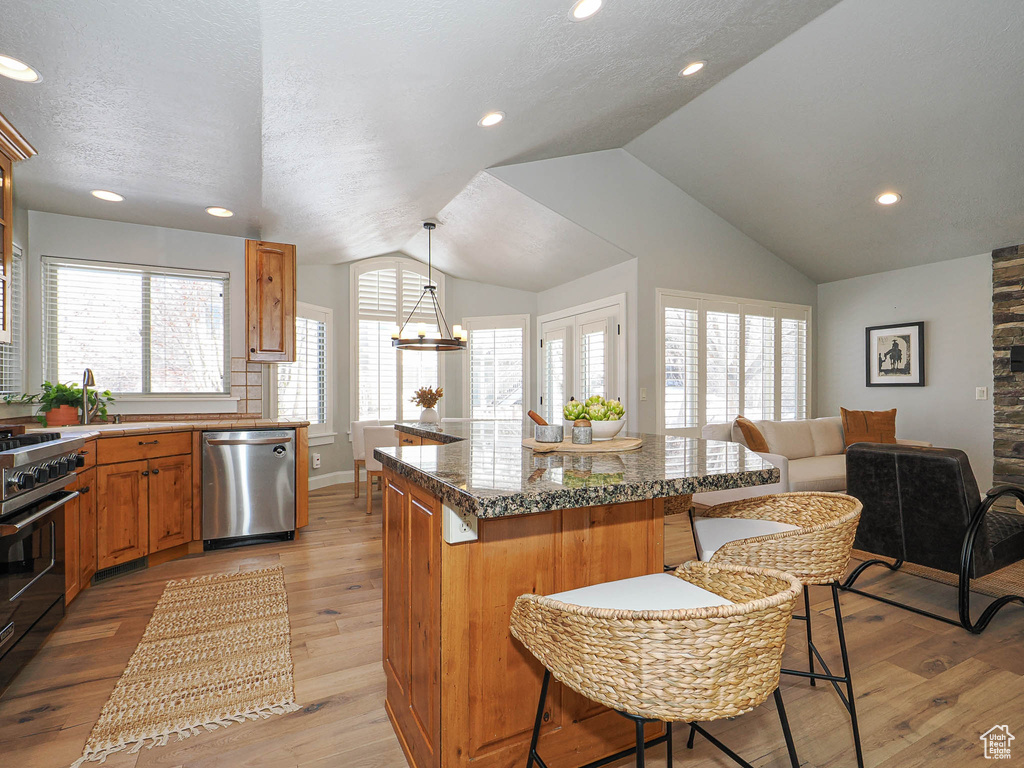 Kitchen featuring stainless steel dishwasher, a kitchen island, high end range, and brown cabinets