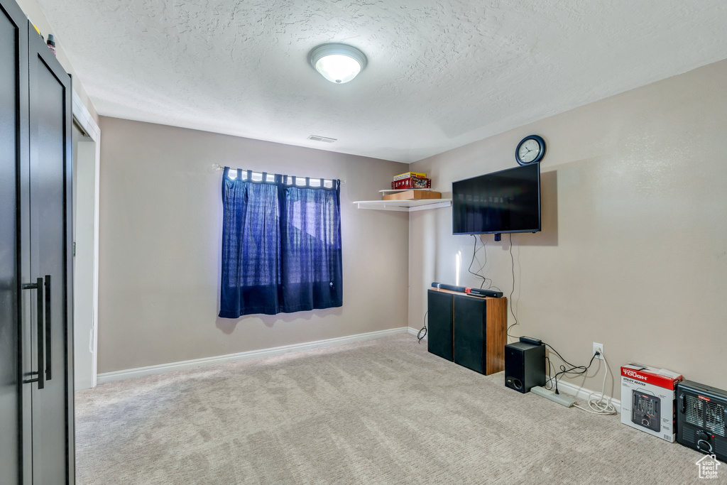 Interior space with carpet, visible vents, a textured ceiling, and baseboards