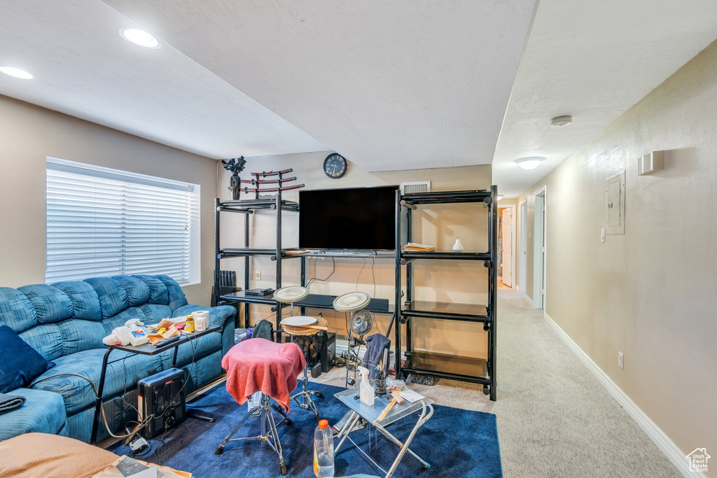 Carpeted living room featuring recessed lighting and baseboards
