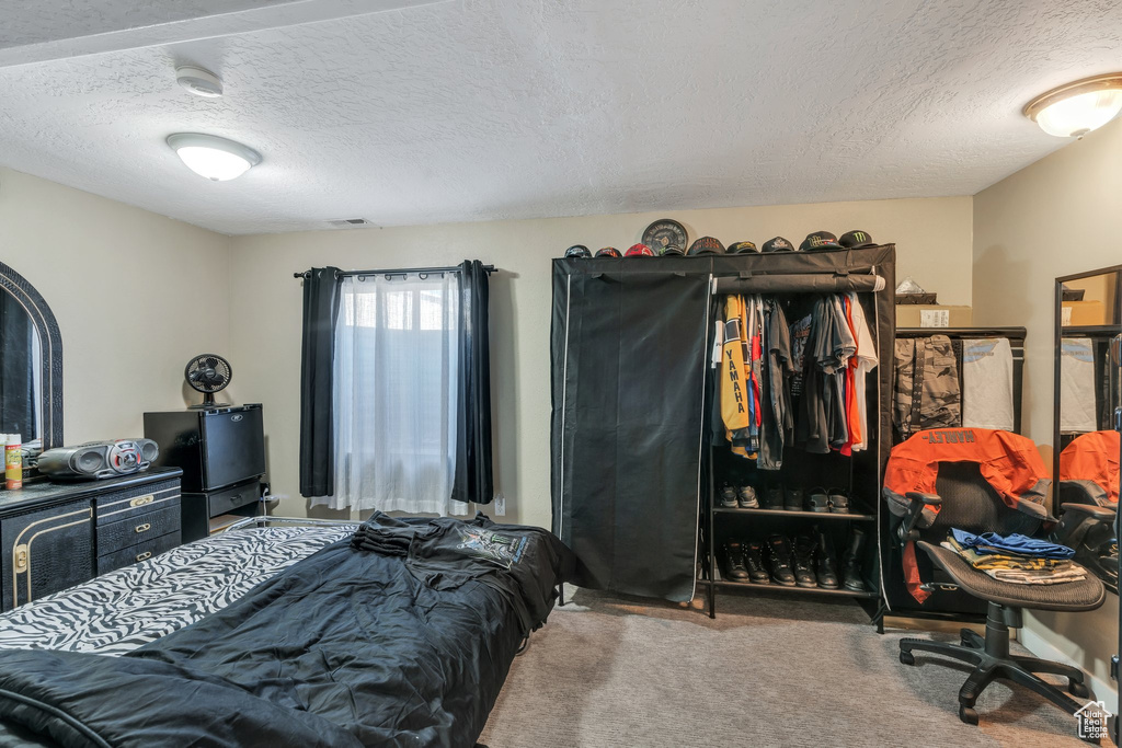 Bedroom featuring carpet, visible vents, and a textured ceiling