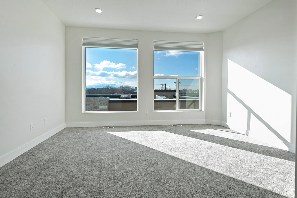 Spare room with a wealth of natural light, baseboards, carpet, and recessed lighting