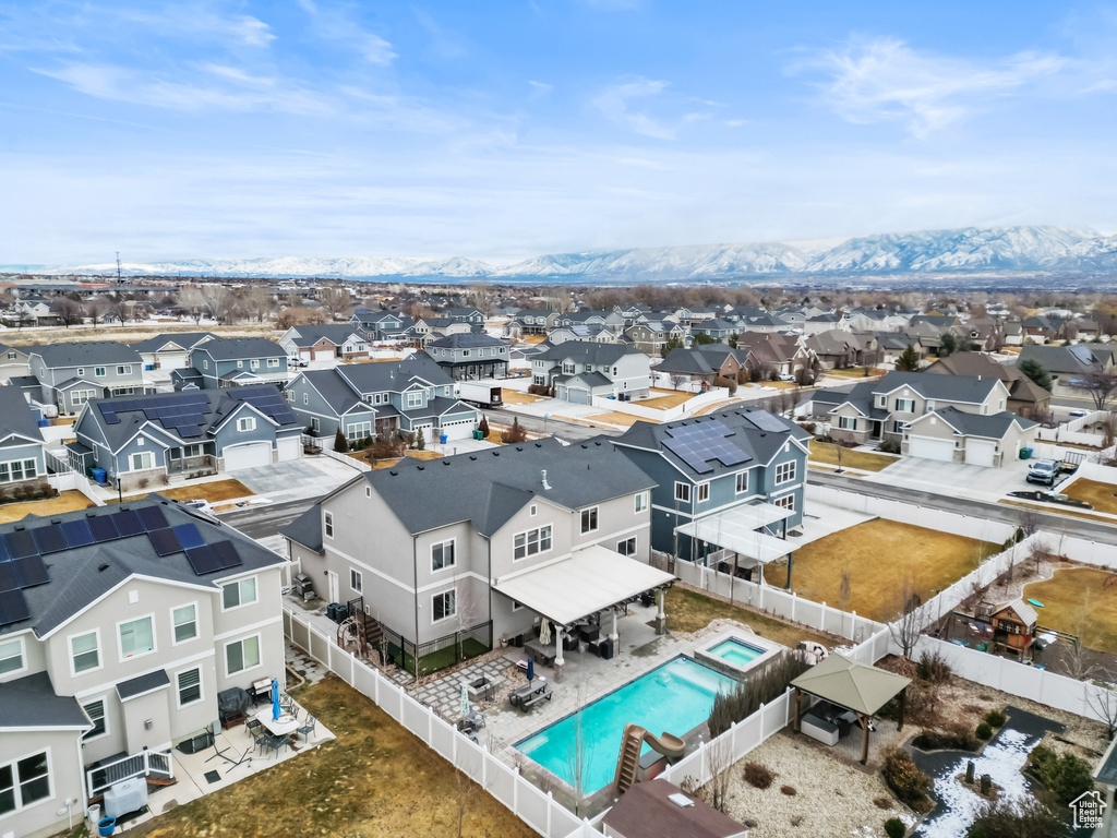 Aerial view featuring a residential view and a mountain view