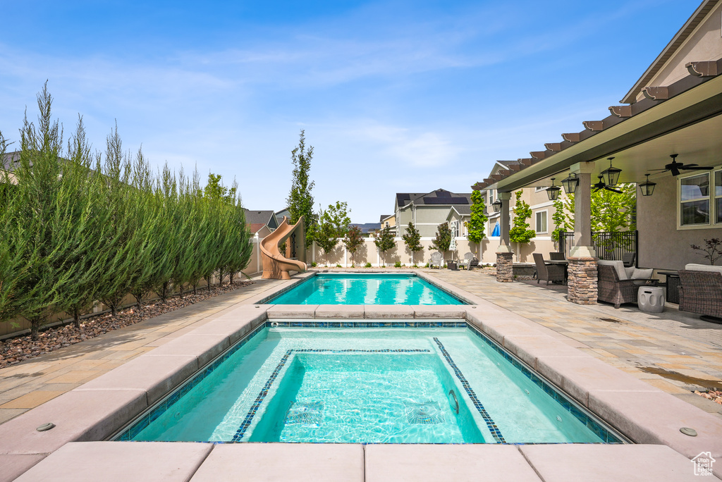 View of pool with a water slide, a fenced backyard, a patio area, ceiling fan, and a residential view
