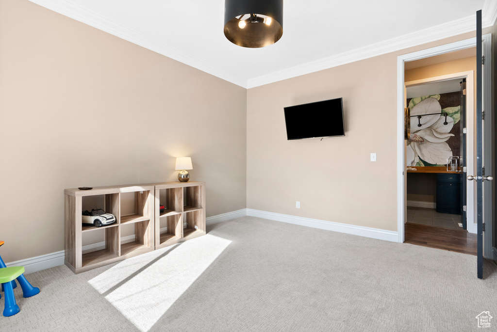 Interior space with light carpet, baseboards, and crown molding