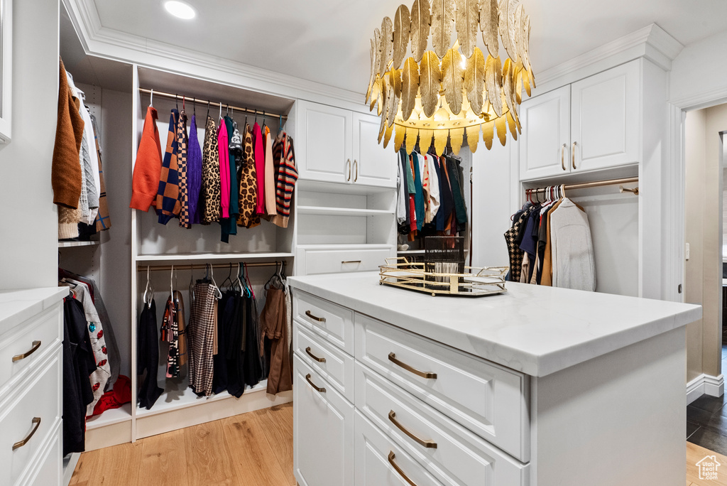 Walk in closet with light wood-style flooring