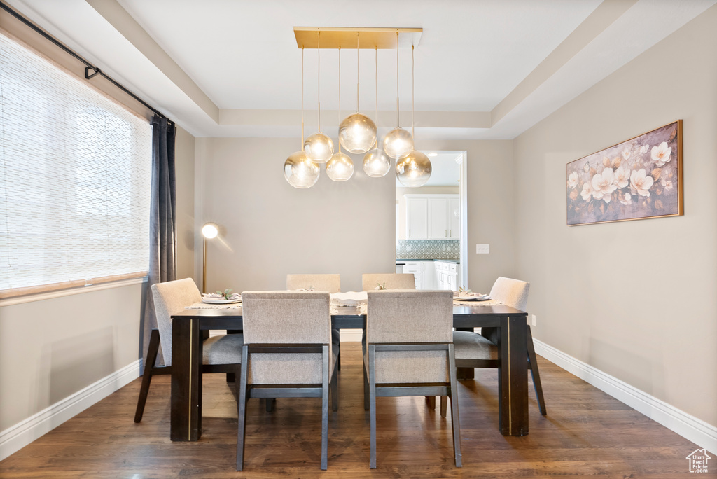 Dining room with a tray ceiling, dark wood-style flooring, and baseboards