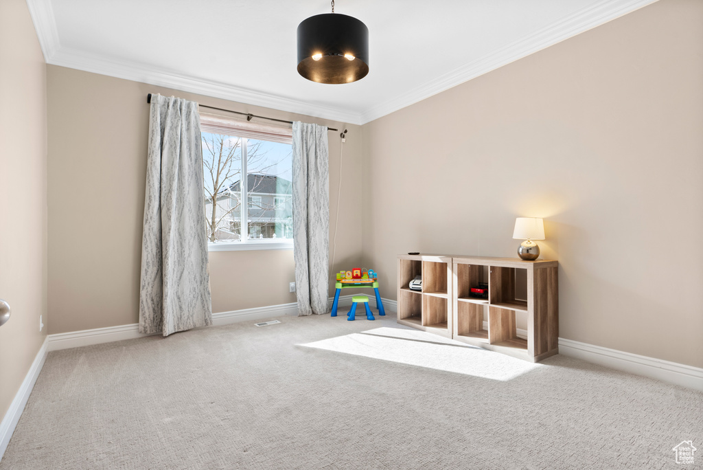 Recreation room with light carpet, baseboards, and ornamental molding