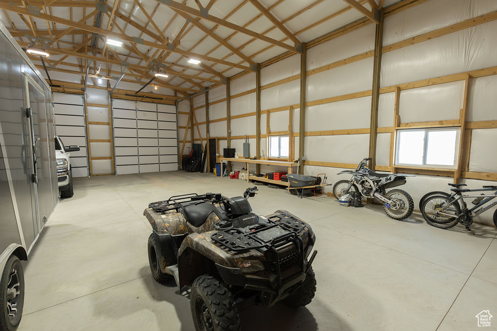 Garage featuring metal wall