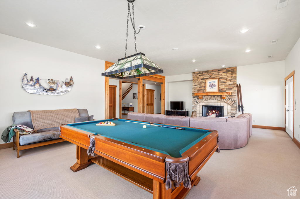 Game room featuring carpet, pool table, a fireplace, and recessed lighting