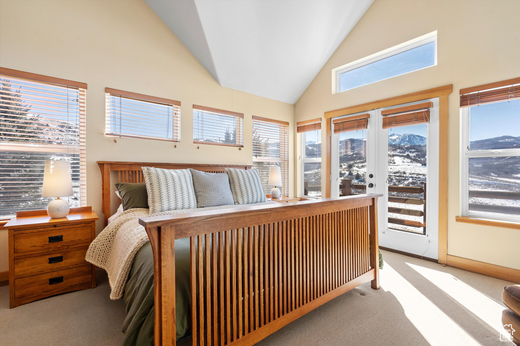 Bedroom featuring access to exterior, carpet, a mountain view, high vaulted ceiling, and baseboards