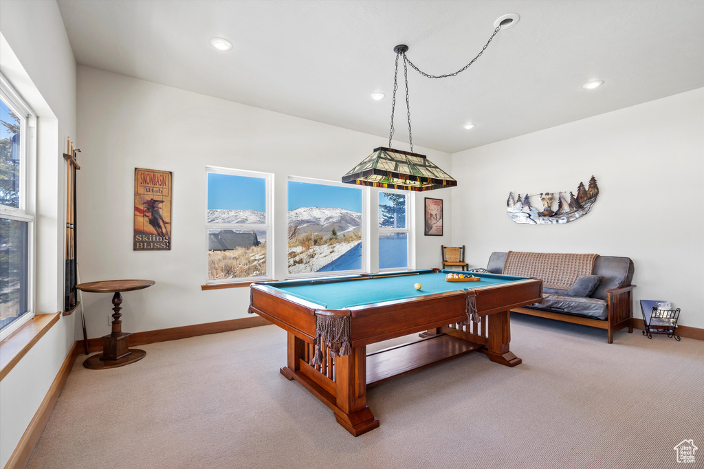 Game room with a mountain view, recessed lighting, light colored carpet, pool table, and baseboards