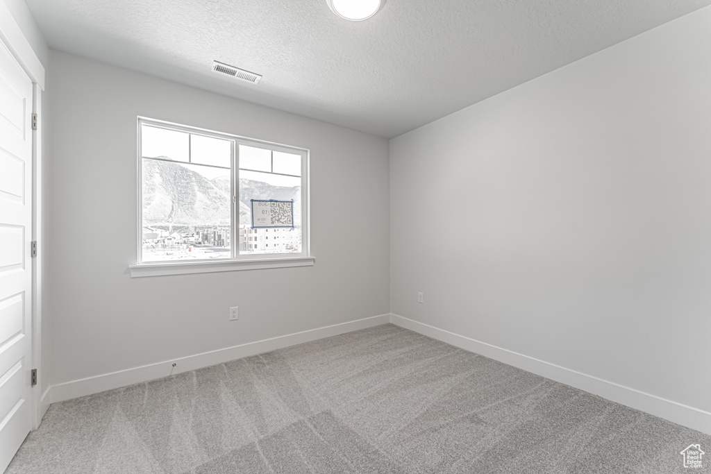 Unfurnished room featuring a textured ceiling, carpet floors, and baseboards