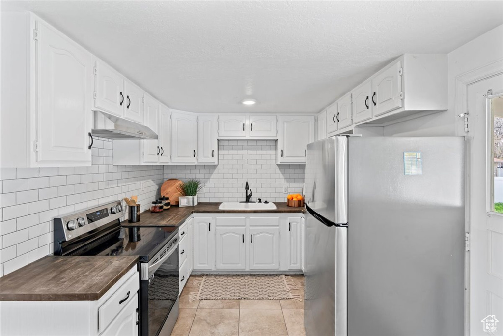 Kitchen with a sink, stainless steel appliances, under cabinet range hood, and dark countertops