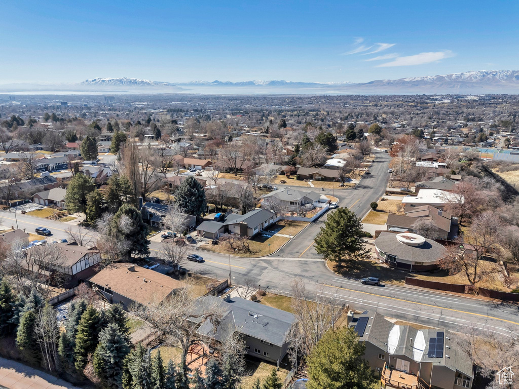 Drone / aerial view featuring a residential view and a mountain view