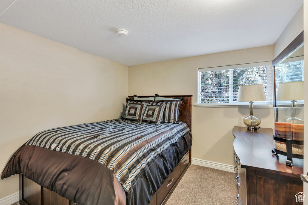 Bedroom featuring baseboards and light colored carpet