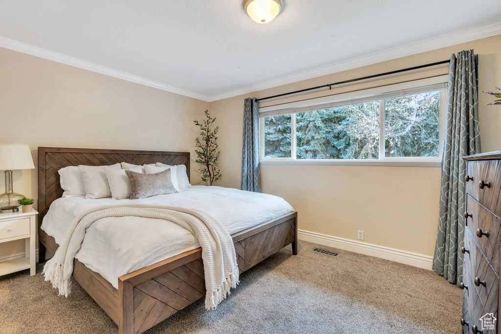 Carpeted bedroom with baseboards, visible vents, and ornamental molding