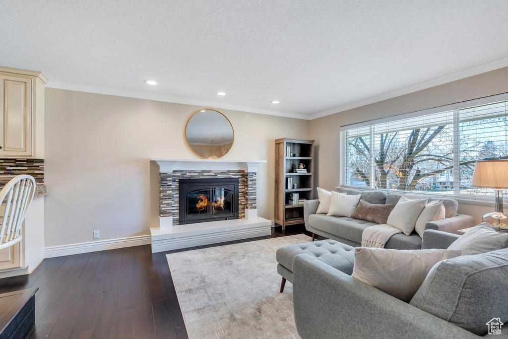 Living room with dark wood-style floors, crown molding, recessed lighting, a glass covered fireplace, and baseboards