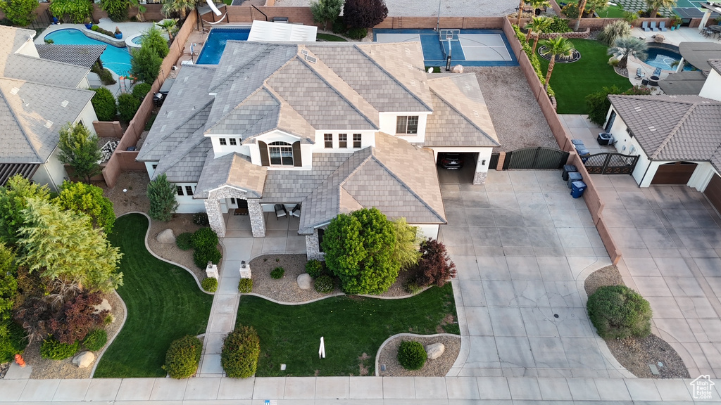View from above of property featuring a pool