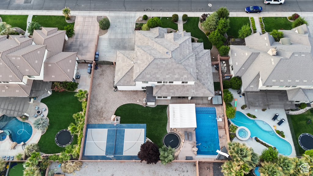 Drone / aerial view of a pool area