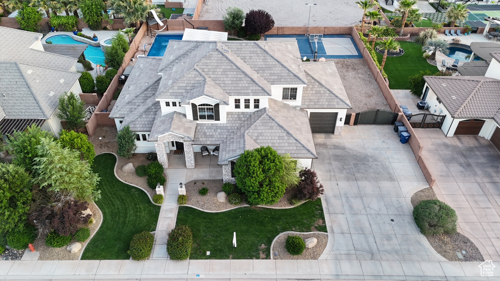View from above of property with a pool