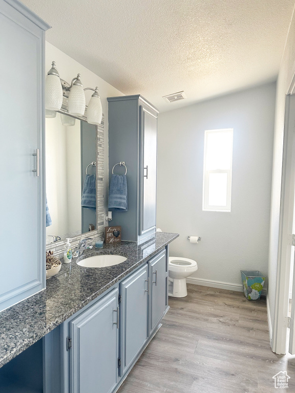 Bathroom featuring visible vents, toilet, wood finished floors, a textured ceiling, and vanity