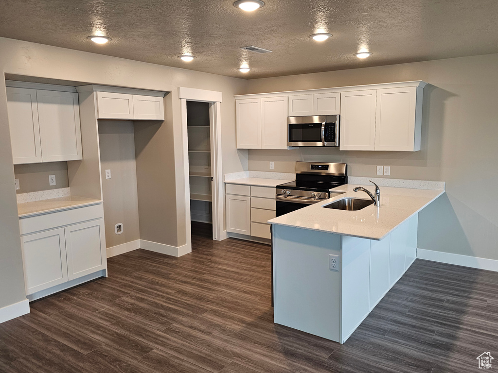 Kitchen with a peninsula, dark wood-style floors, white cabinetry, and stainless steel appliances