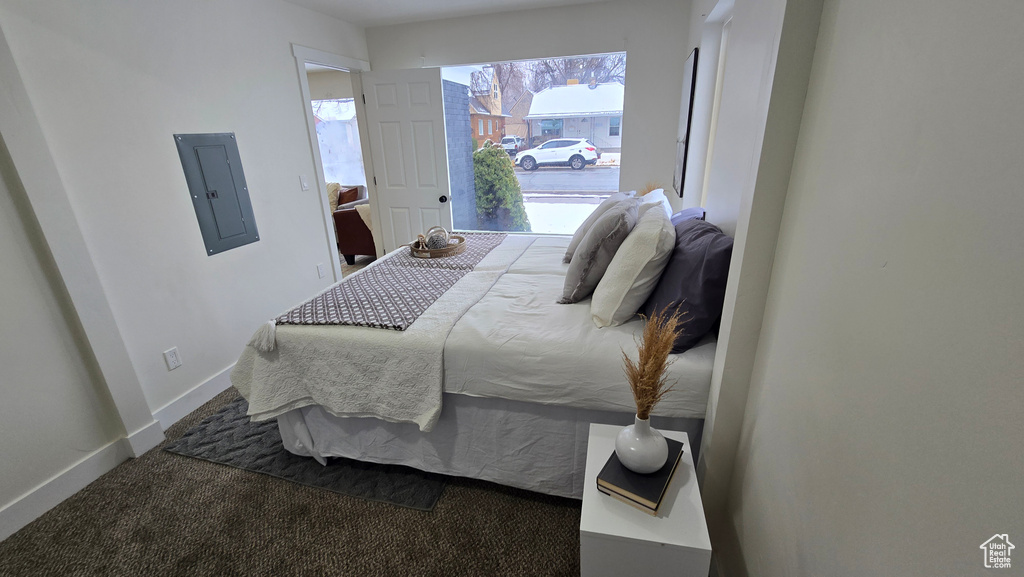 Carpeted bedroom featuring electric panel and baseboards