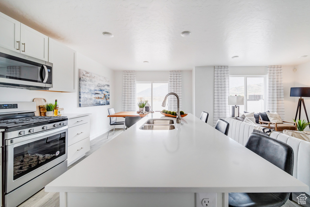 Kitchen featuring light countertops, appliances with stainless steel finishes, open floor plan, a sink, and an island with sink