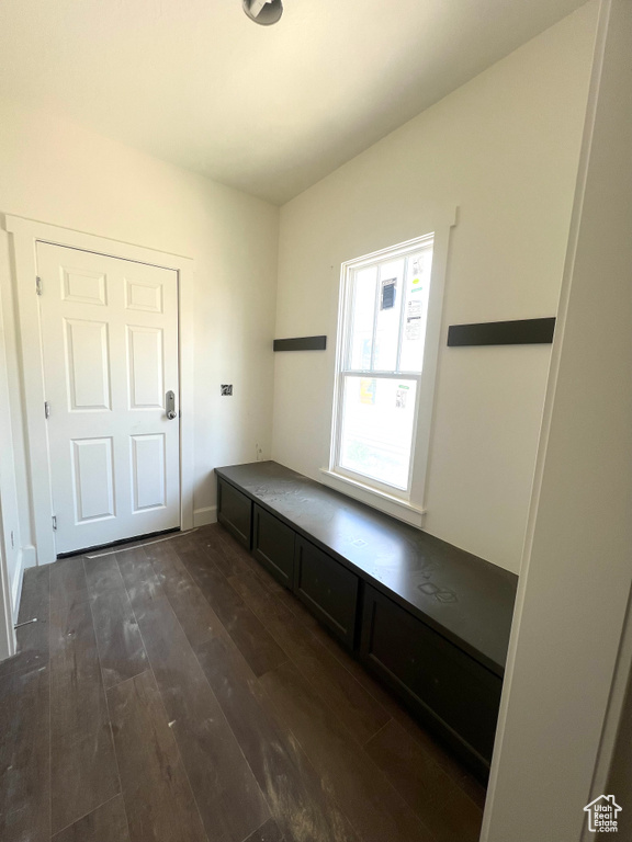 Mudroom with dark wood finished floors and baseboards
