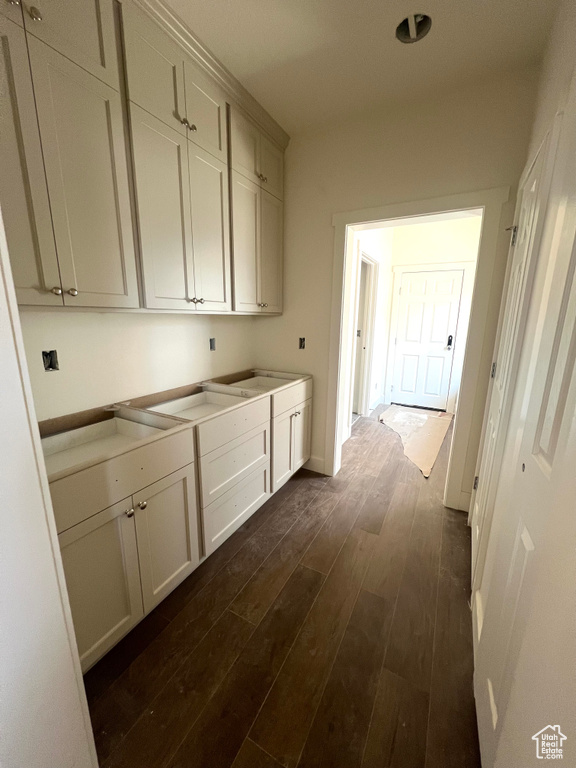 Laundry area featuring dark wood finished floors