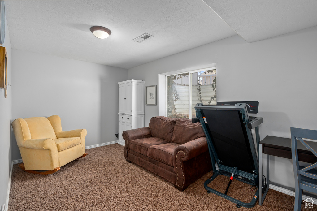 Home office with carpet floors, visible vents, and baseboards