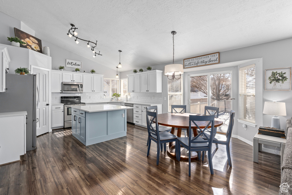 Kitchen featuring stainless steel appliances, dark wood-style flooring, vaulted ceiling, a center island, and tasteful backsplash