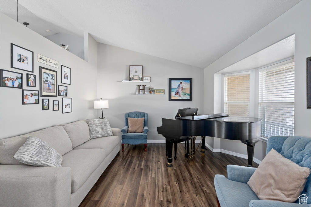 Living area with lofted ceiling, dark wood-style floors, and baseboards