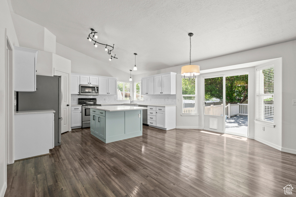 Kitchen with appliances with stainless steel finishes, lofted ceiling, decorative backsplash, dark wood-style flooring, and a kitchen island