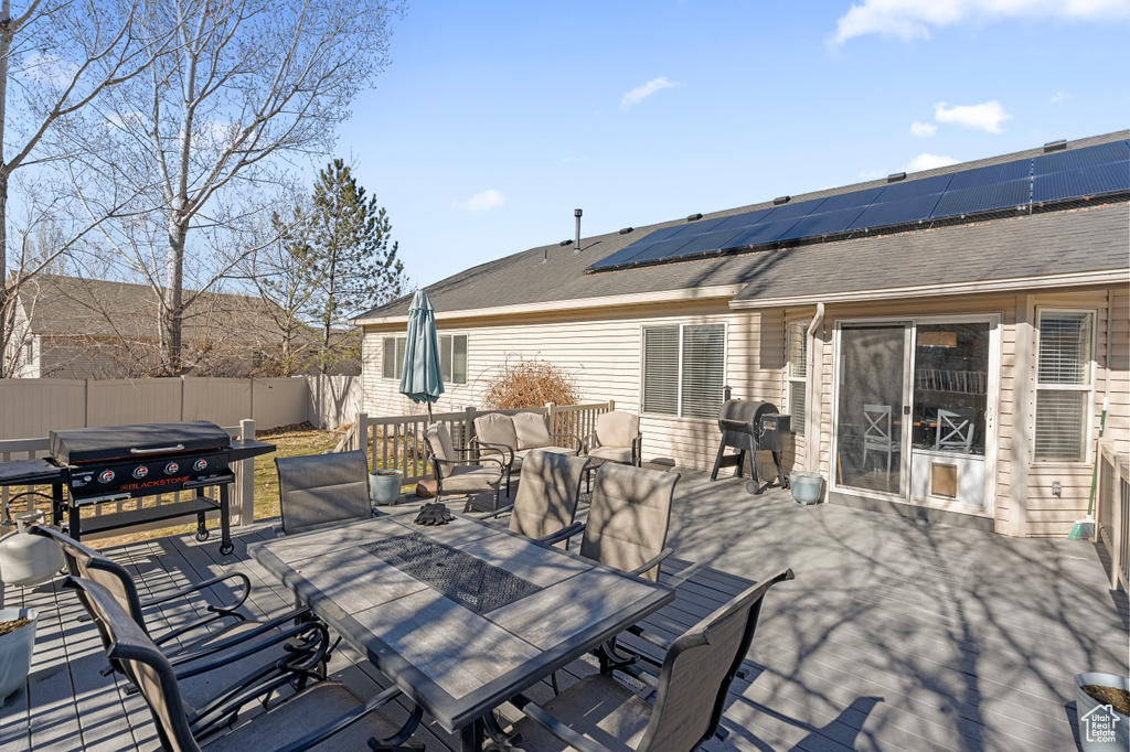 View of patio featuring outdoor dining area, a fenced backyard, and grilling area