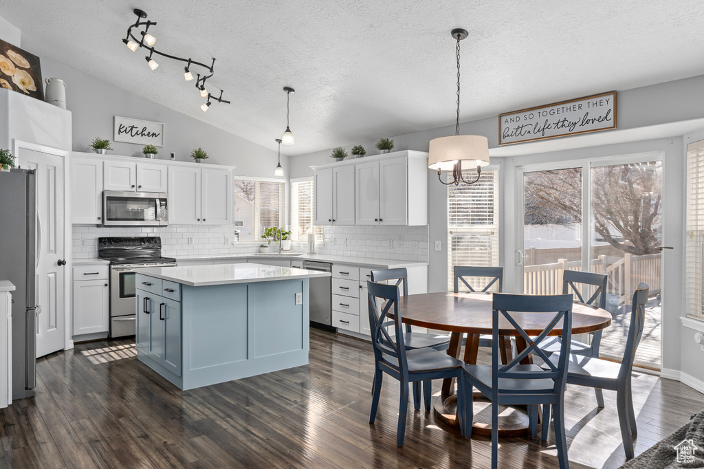 Kitchen with dark wood-style floors, lofted ceiling, light countertops, appliances with stainless steel finishes, and white cabinets
