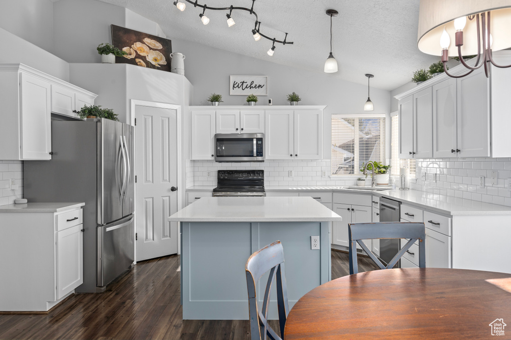 Kitchen featuring a kitchen island, dark wood-type flooring, vaulted ceiling, stainless steel appliances, and a sink