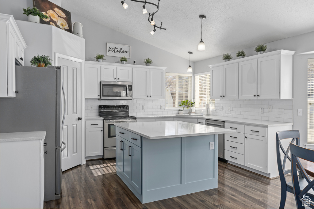 Kitchen featuring lofted ceiling, dark wood-style floors, white cabinets, and stainless steel appliances
