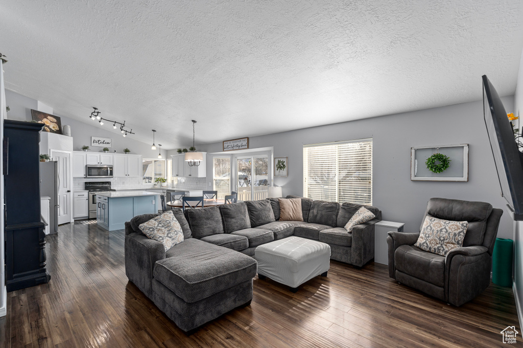 Living area with lofted ceiling, dark wood-style floors, and a textured ceiling