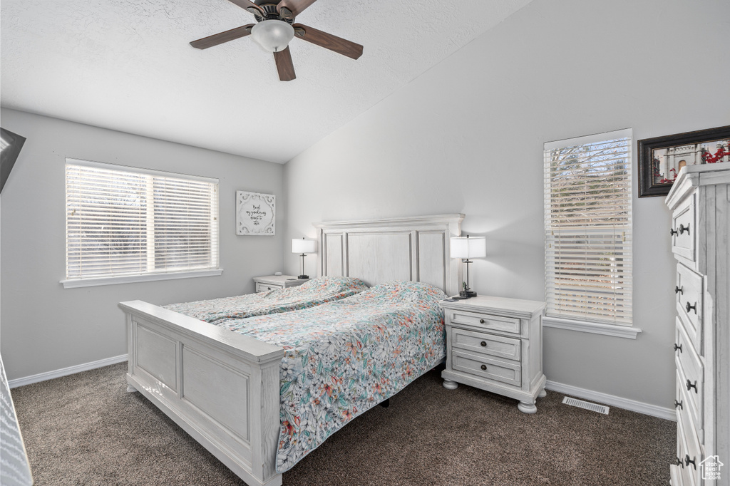 Bedroom featuring lofted ceiling, dark carpet, visible vents, and baseboards